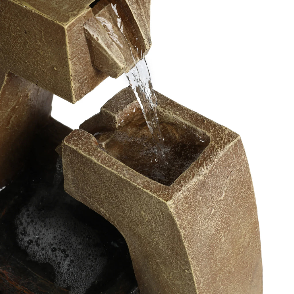 LuxenHome Brown Cement Modern Sculpture Outdoor Fountain with LED Light