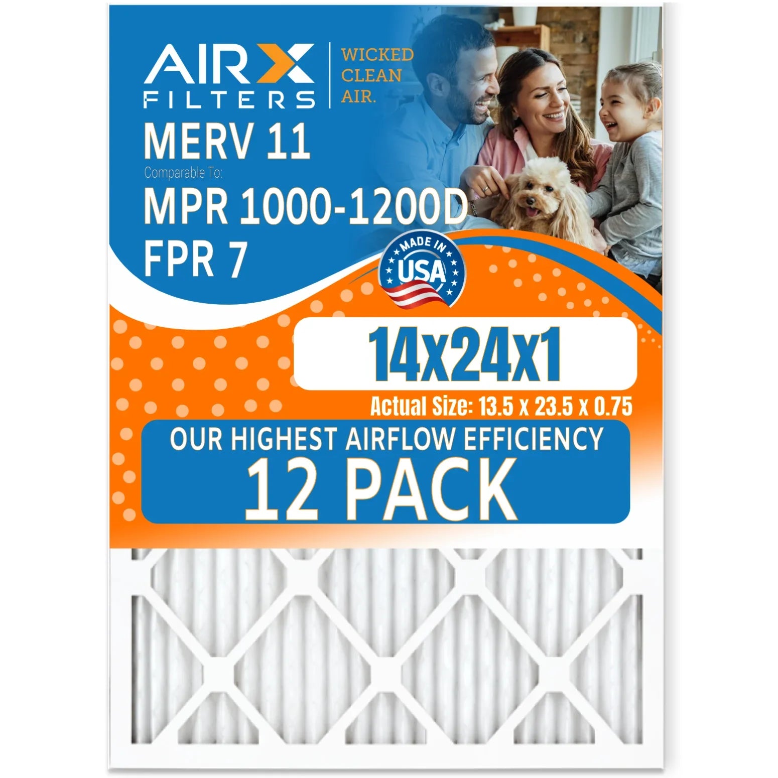 14x24x1 Air Filter MERV 11 Rating, 12 Pack of Furnace Filters Comparable to MPR 1000, MPR 1200, FPR 7, High Efficiency 12 Pack of Furnace Filters Made in USA by AIRX FILTERS WICKED CLEAN AIR.