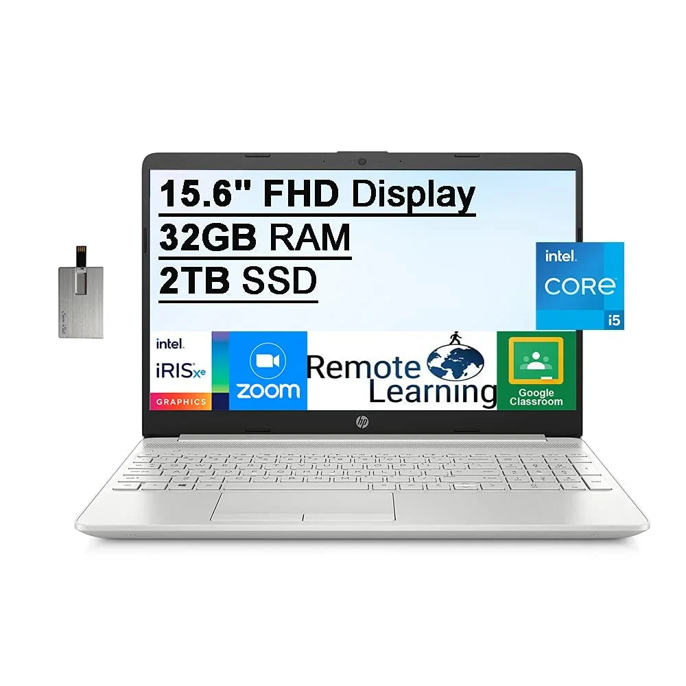 2021 15.6" FHD Laptop Computer, 11th Gen  Core i5-1135G7(Beats i7-1065g7), 32GB DDR4 RAM, 2TB PCIe SSD,  Iris Xe Graphics, HD Webcam, Stereo Speakers, Windows 10, Silver, 32GB USB Card