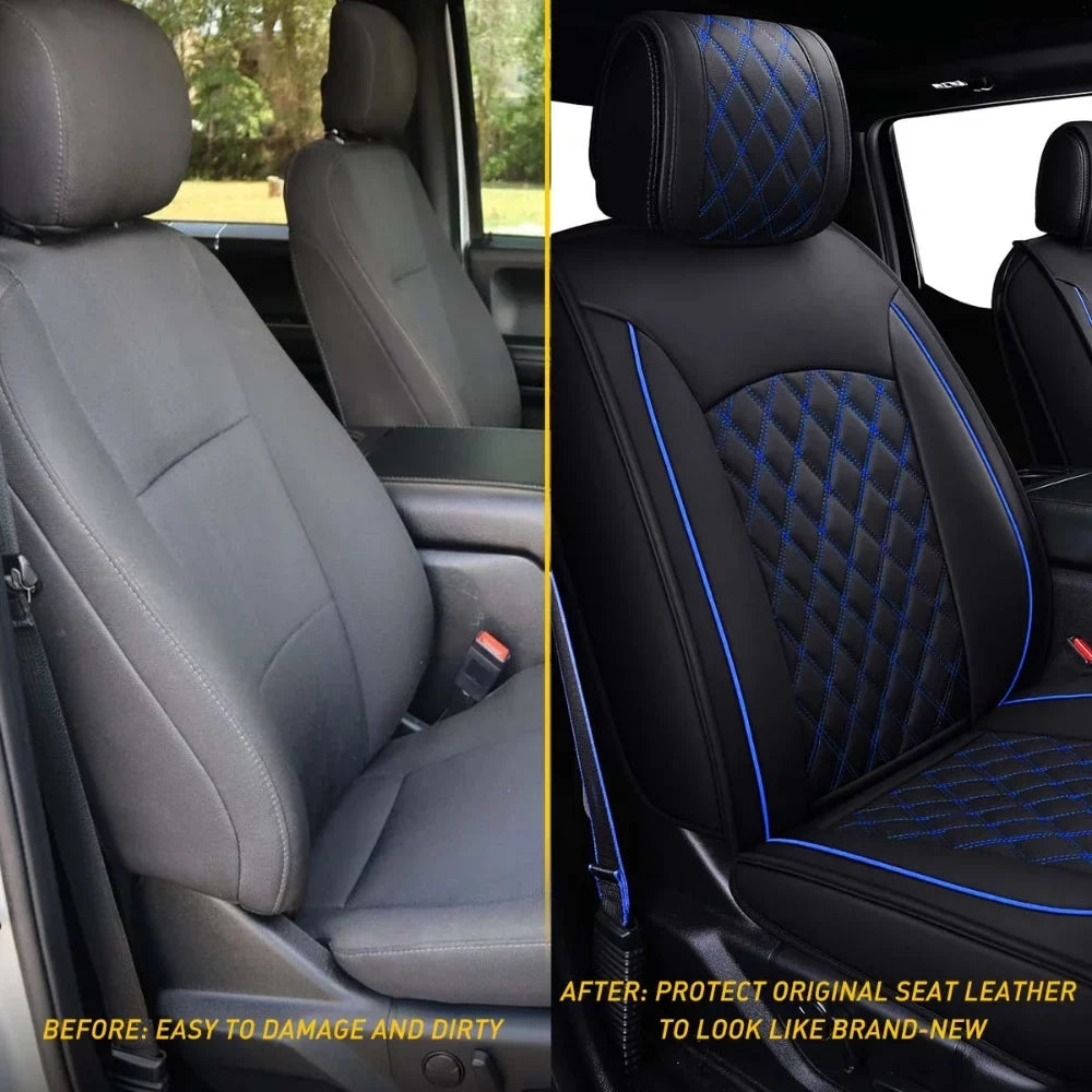 Car Seat Covers Full Set with Waterproof Leather Fit for 2009 to 2023  F150 and 2017 to 2023 F250 F350 F450,Double,Extended Cab or Pickup Truck(Full Set, Black-Blue)