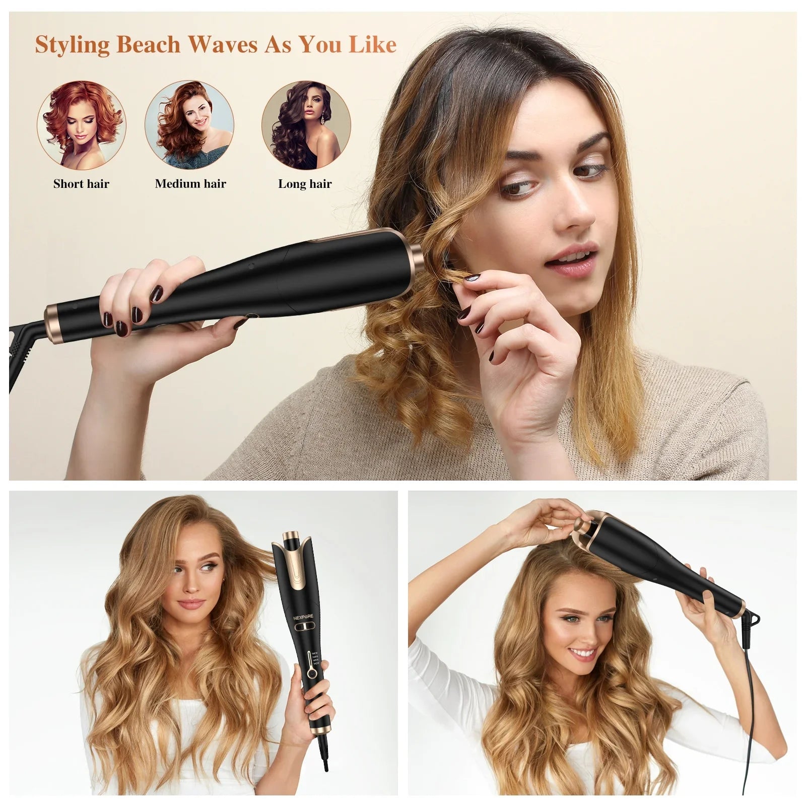 NEXPURE Curling Irons,Curling Iron Professional with 1" Large Rotating Barrel & 4 Temps,Salon Curl Hair,Gold
