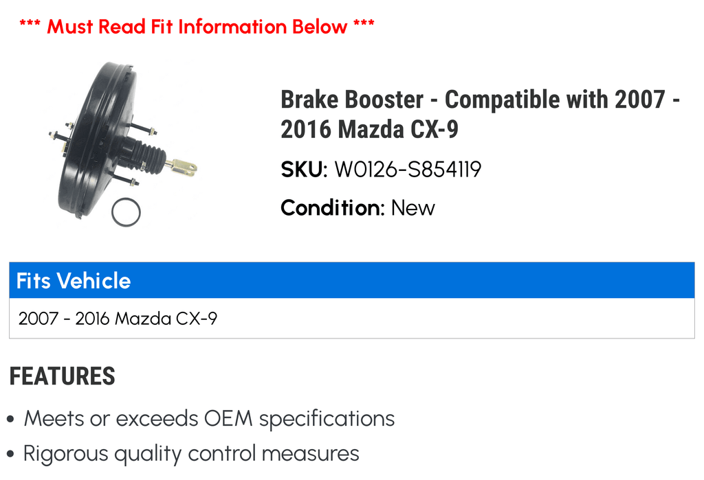 Brake Booster - suitable with 2007 - 2016 Mazda CX-9 2008 2009 2010 2011 2012 2013 2014 2015
