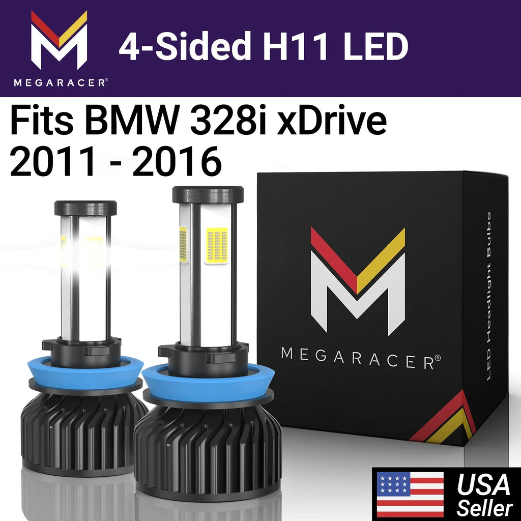 Mega Racer  328i xDrive 4 Sided H11 H9 H8 LED Headlight Bulbs 6000K Diamond White 12V 60W 10000LM  328i xDrive 2011 2012 2013 2014 2015 2016 11 12 13 14 15 16 Fog Light Automotive Replacement