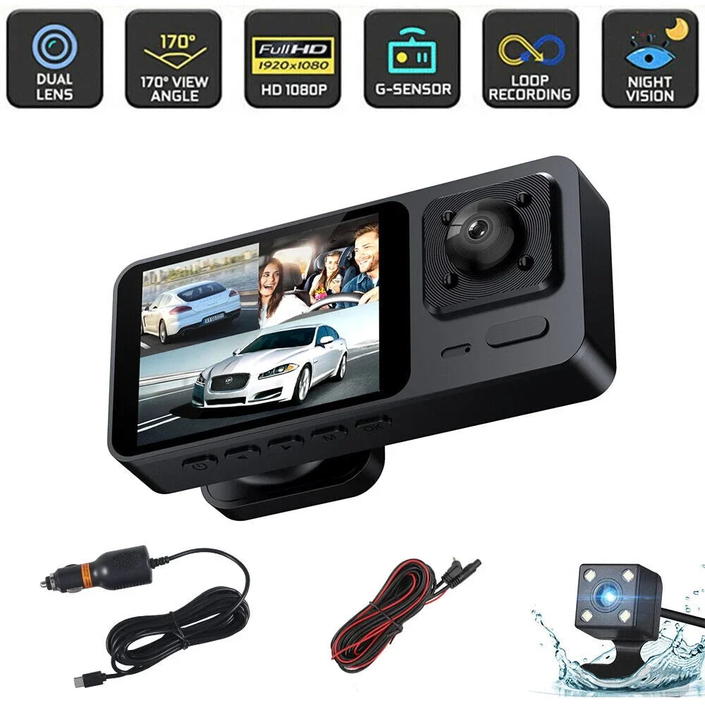 JLLOM 1080P 3 Lens HD Dual Lens Car Dash Cam Front/Rear/Inside Video Recorder Camera G-sensor