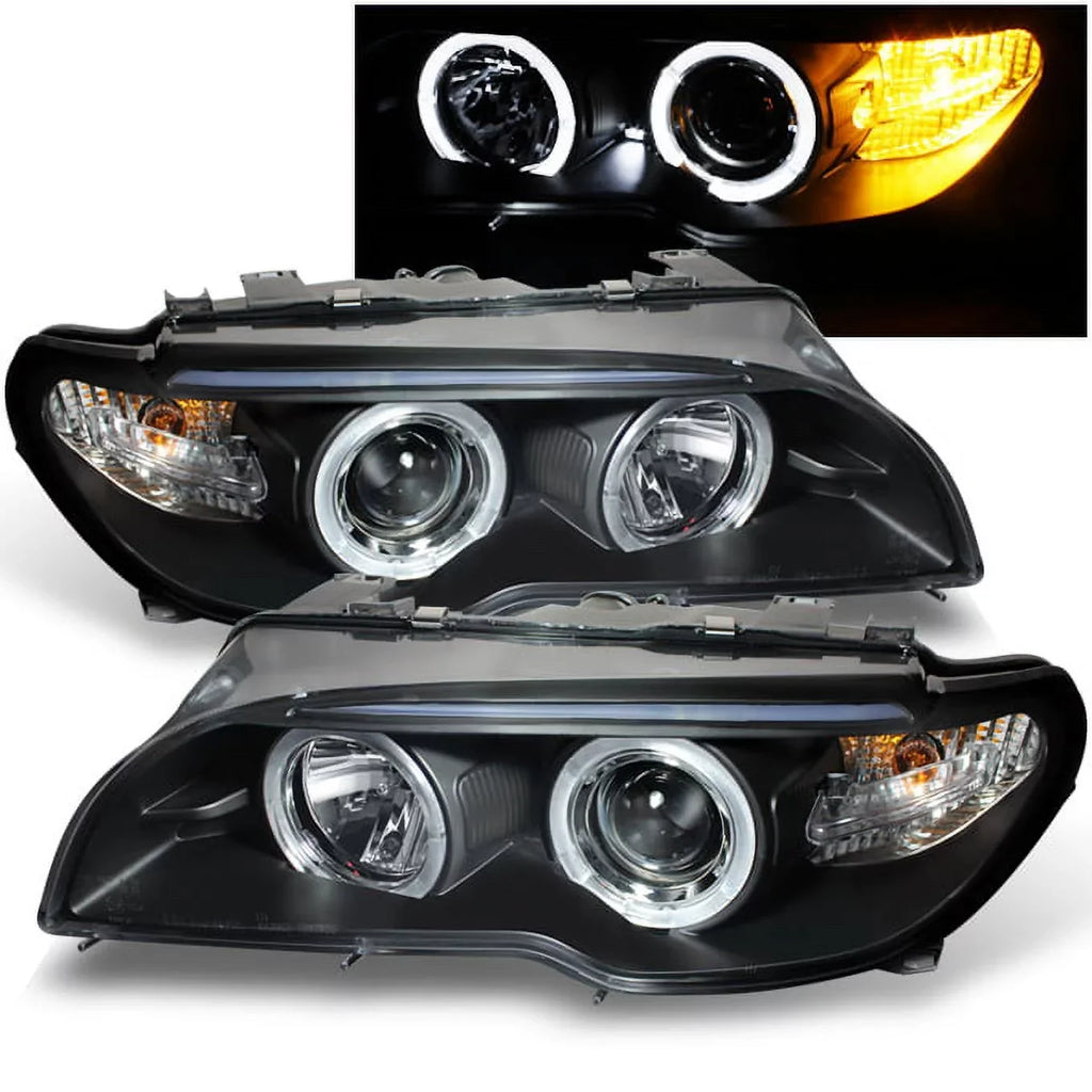 AKKON - For  E46 3-Series 2 Doors Coupe Black Halo Ring LED Projector Replacement Headlights LH + RH Lamps