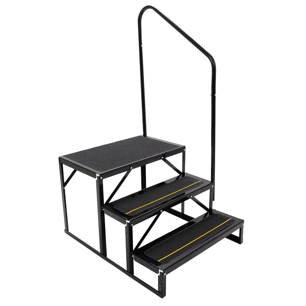 HECASA Universal 3 Steps Stairs Steel for RV Travel Trailer Camper Trailer W/ Side Load Hand-railing Armrest Hand Rail