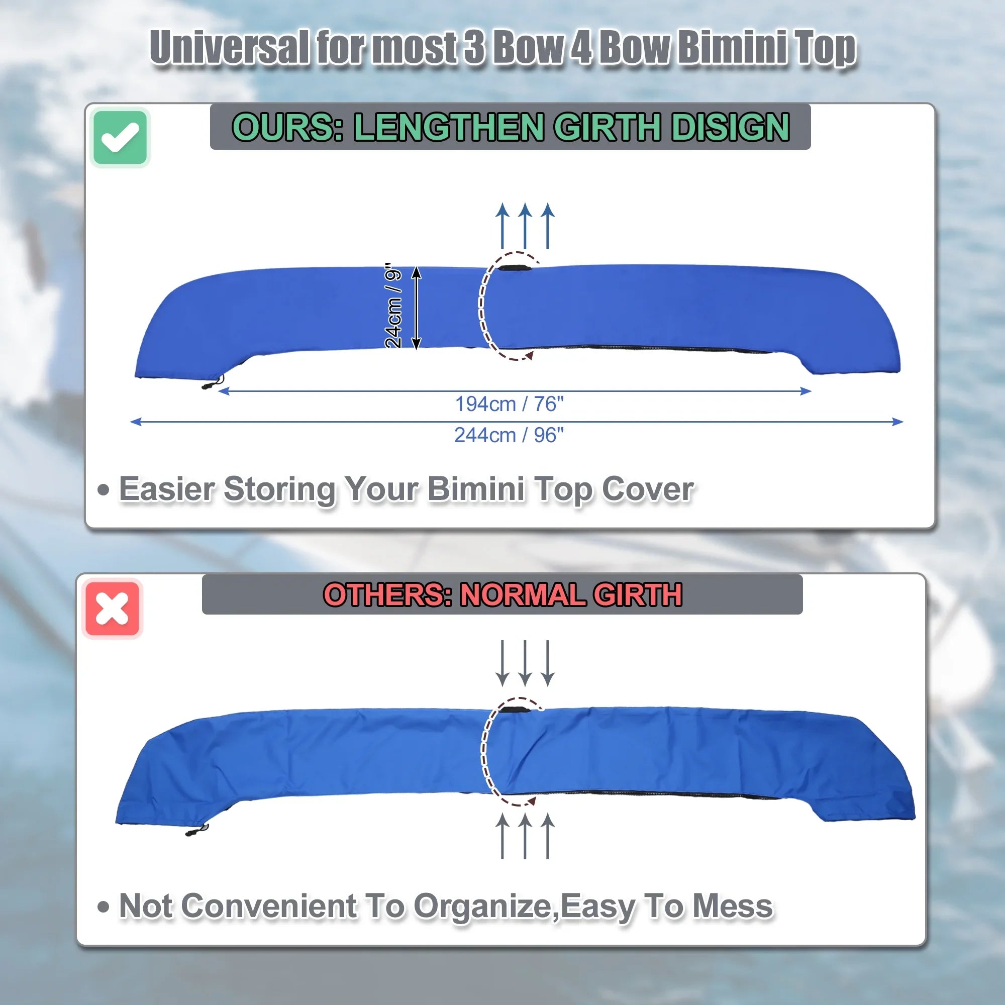 craft Bimini Top Storage Boot with Light Hole 600D Polyester Canvas Blue 91"-96" W for 3 Bow 4 Bow