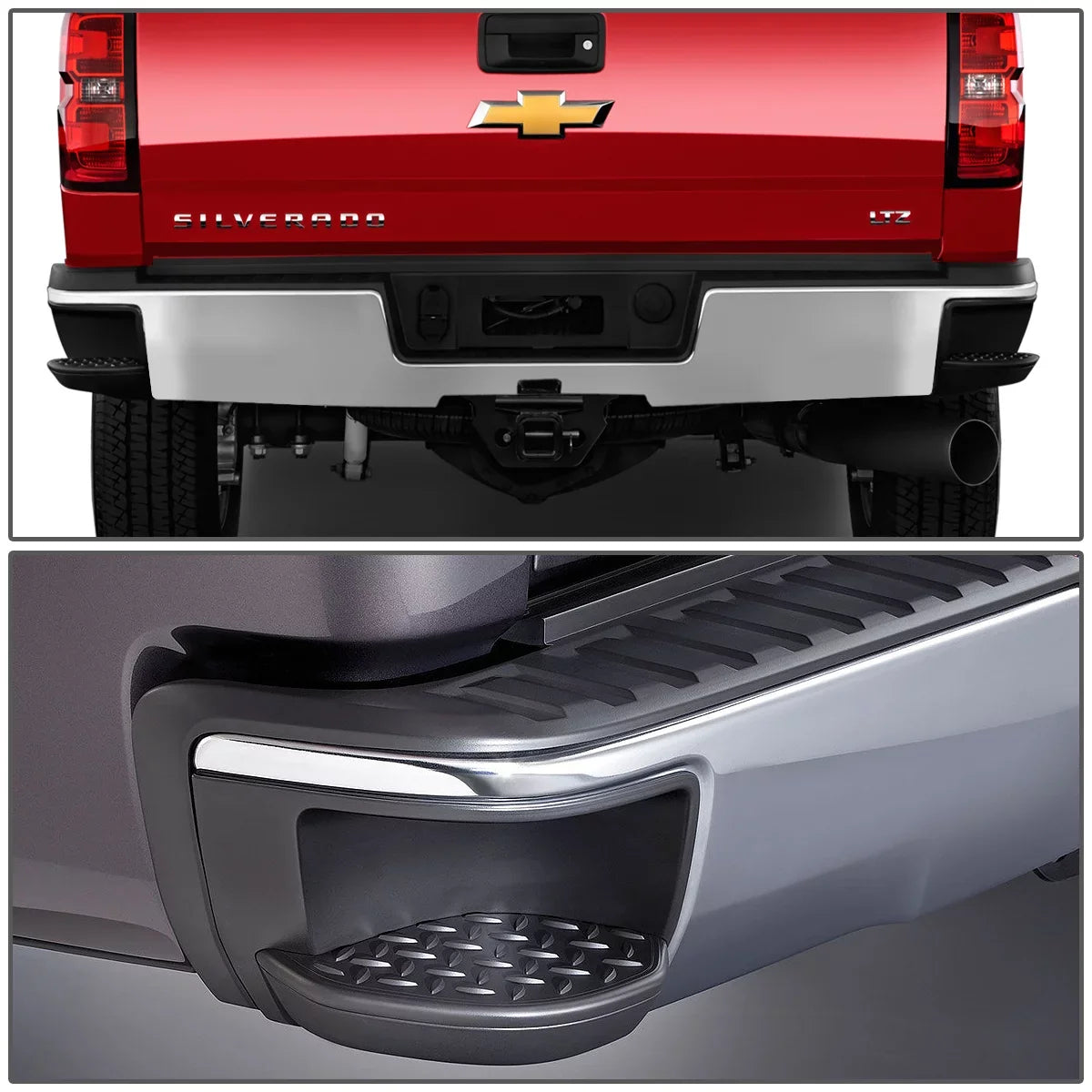 DNA Motoring STEPBUM-10013 For 2014 to 2018 Chevy Silverado / GMC Sierra Chrome Rear Corner Step Bumper (No Park Distance Sensor Hole) 15 16 17