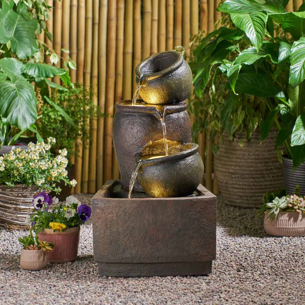 GDF Studio Morrigan Outdoor 3 Tier Jar Fountain, Rustic Multibrown