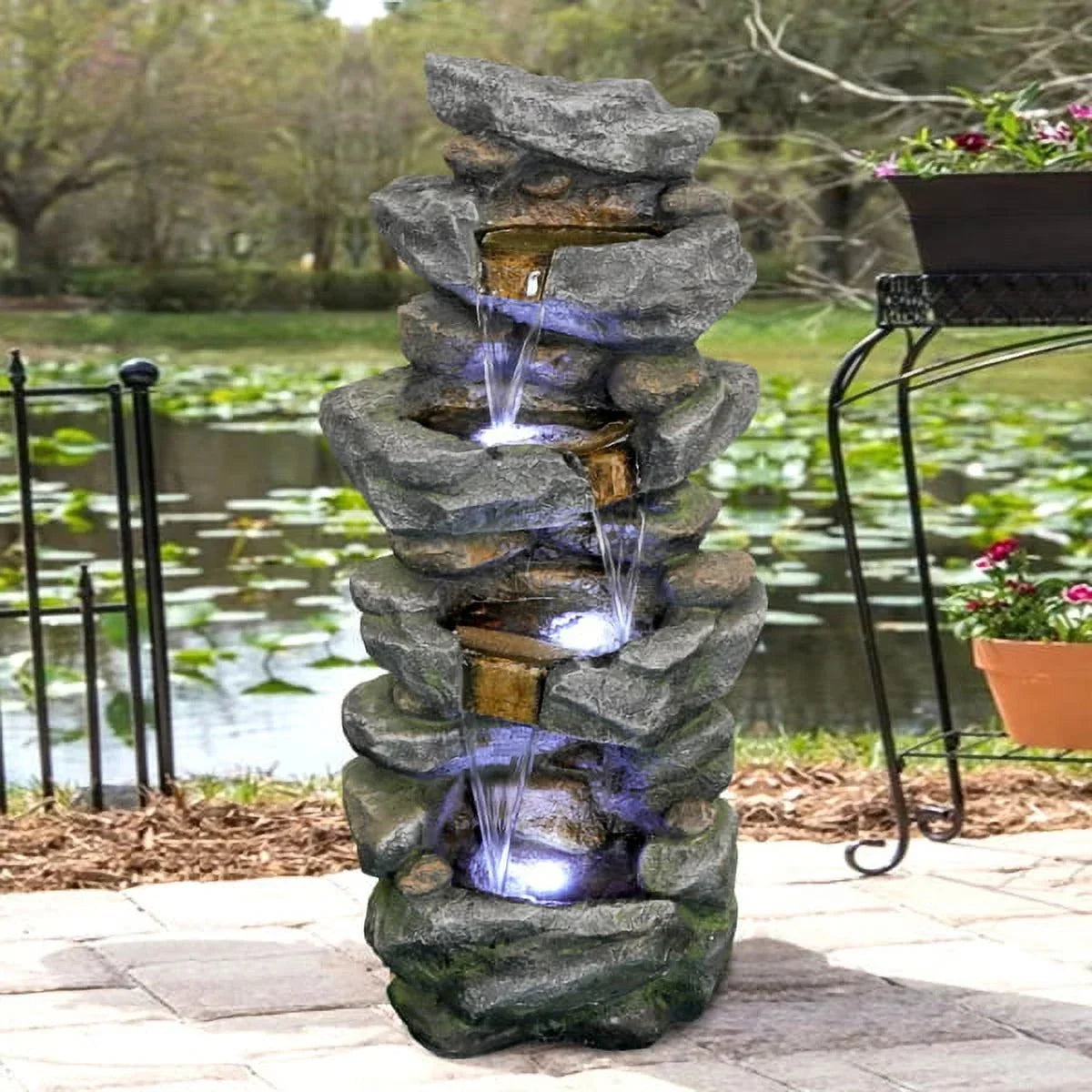 Fithood 40inches High Stacked Simulated Rock aqua Fountain with LED Lights