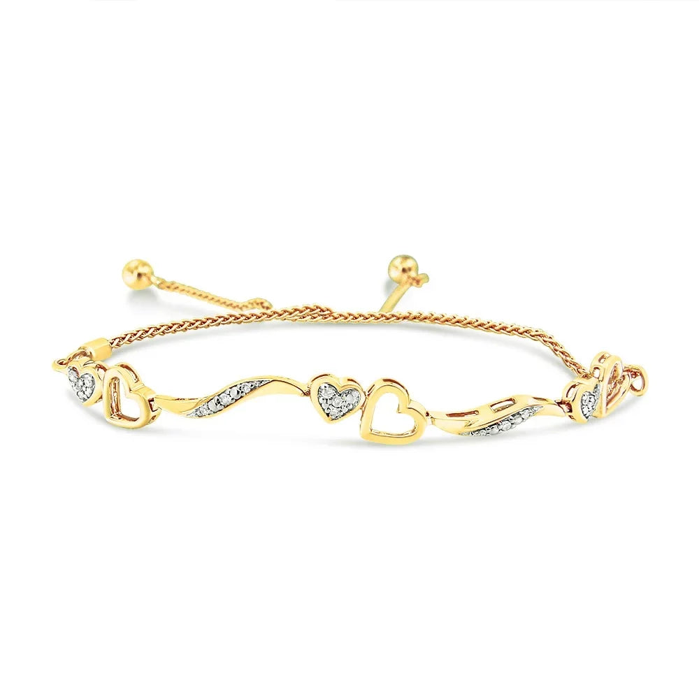 14K Yellow Gold Plated .925 Sterling Silver 1/10 Cttw Diamond Wave and Hearts 4"-10" Adjustable Bolo Bracelet (I-J Color, I3 Clarity)