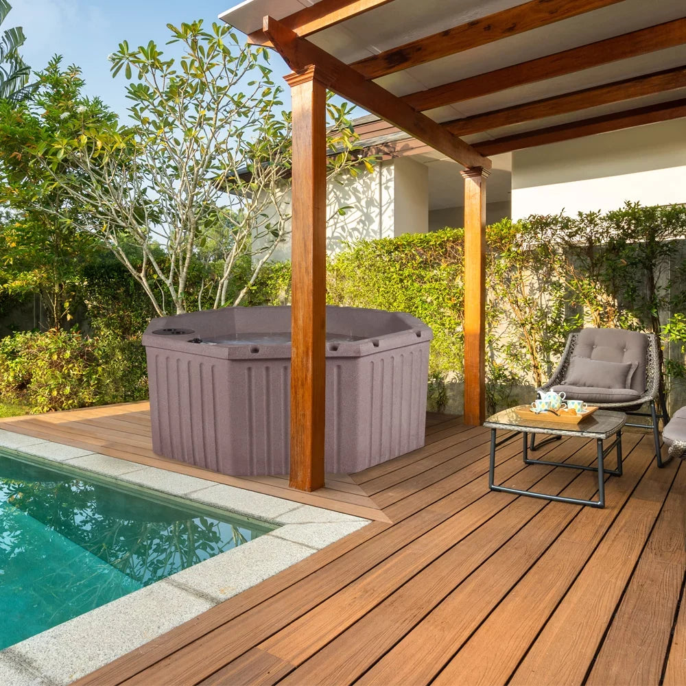 Aqualife Lagoon 8 Seater Hot Tub Spa with 20 Jets, LED lighting & Tub shield, Millstone Brown