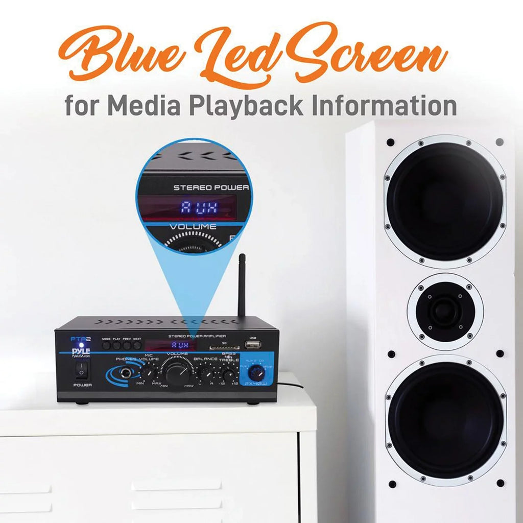 Pyle PTA2 2 x 40W Home Stereo Mini Bluetooth Power Amplifier with Remote Control