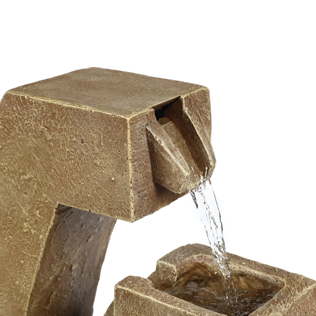 LuxenHome Brown Cement Modern Sculpture Outdoor Fountain with LED Light