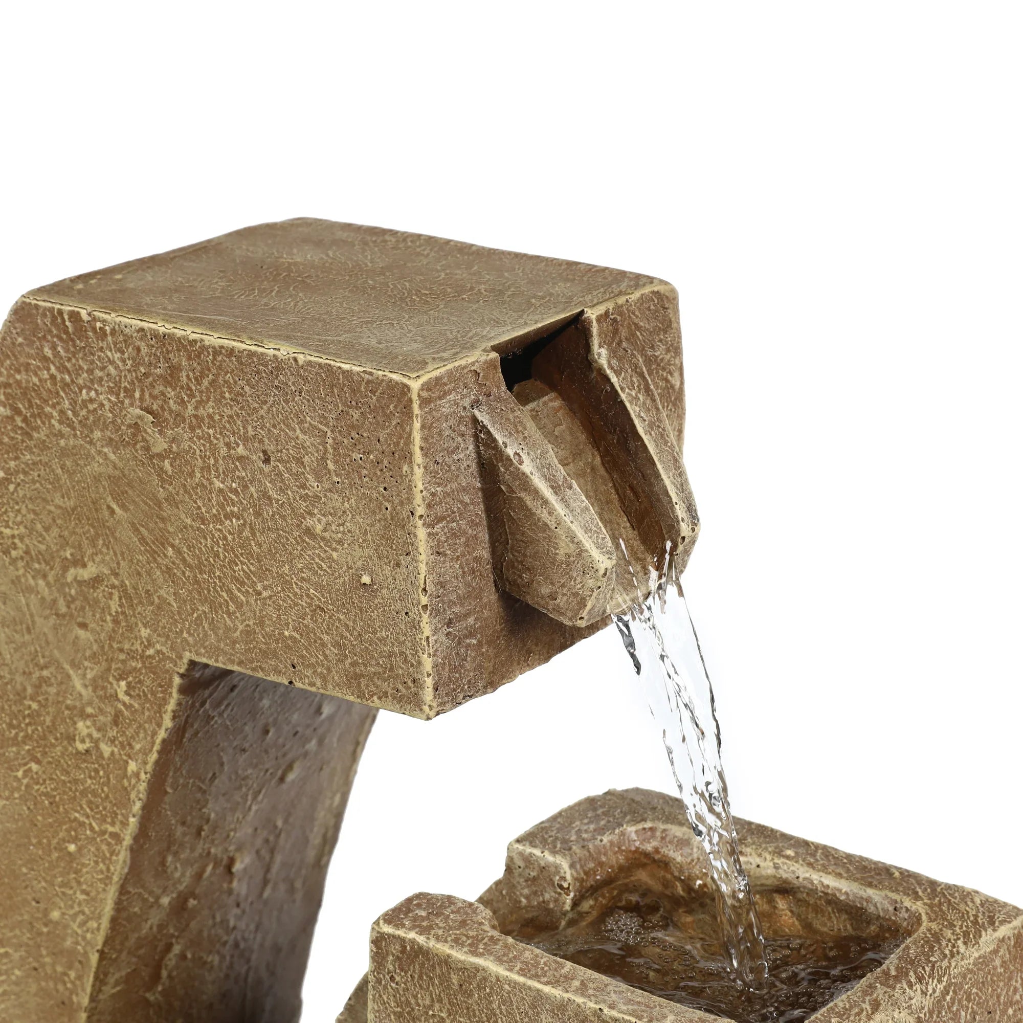 LuxenHome Brown Cement Modern Sculpture Outdoor Fountain with LED Light