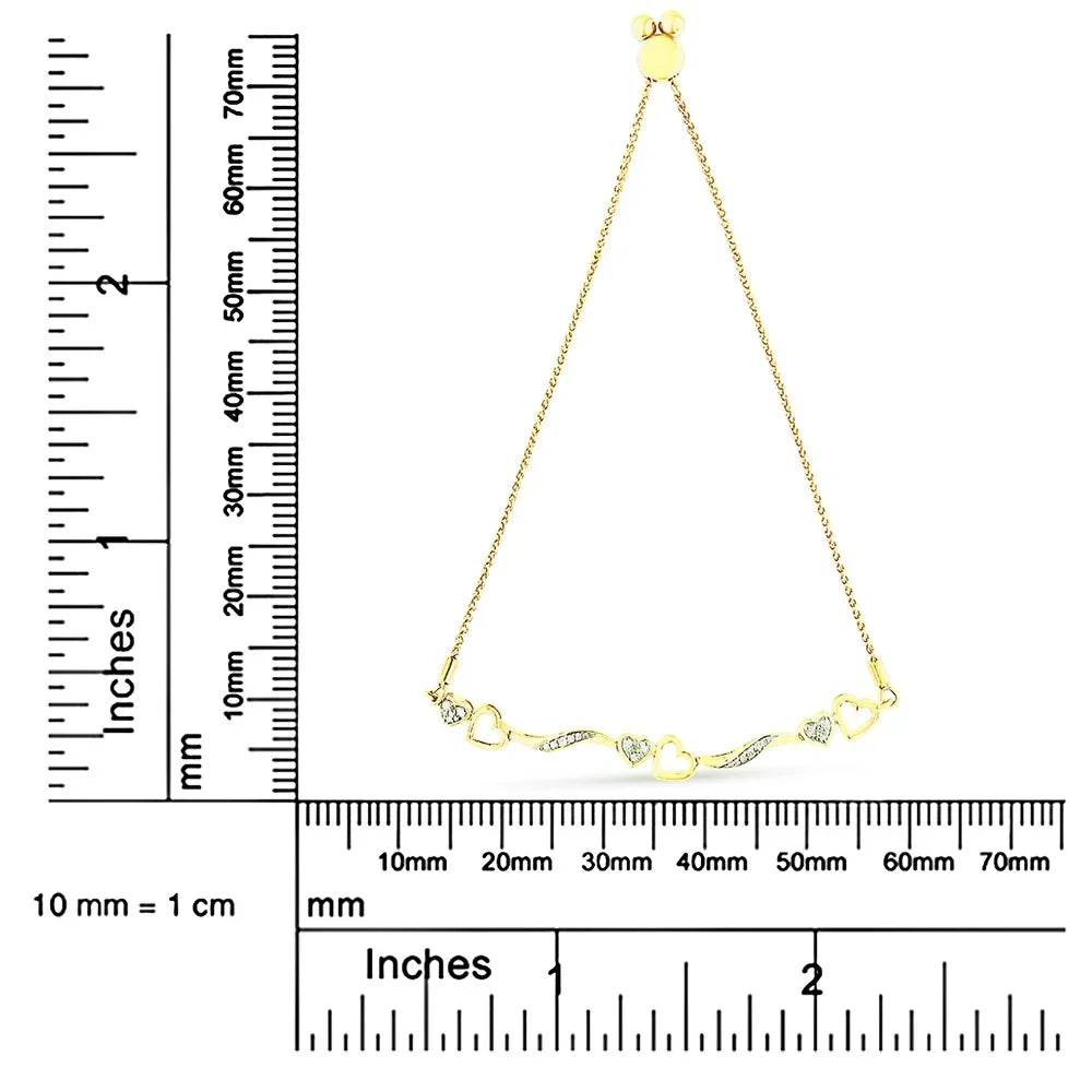 14K Yellow Gold Plated .925 Sterling Silver 1/10 Cttw Diamond Wave and Hearts 4"-10" Adjustable Bolo Bracelet (I-J Color, I3 Clarity)