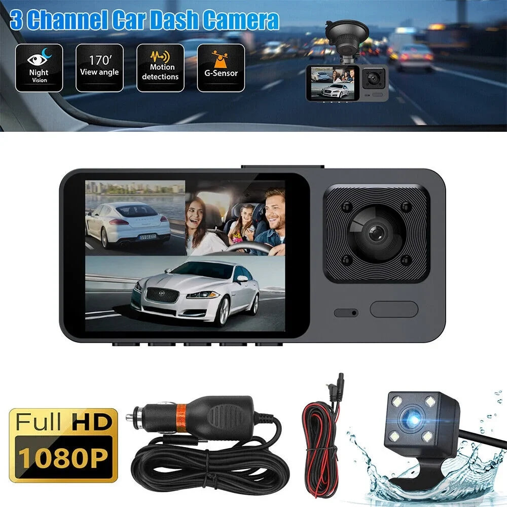 JLLOM 1080P 3 Lens HD Dual Lens Car Dash Cam Front/Rear/Inside Video Recorder Camera G-sensor