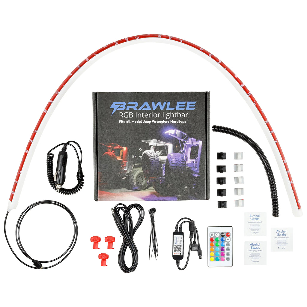 Fits All Jeep Wranglers Hardtop Models  of CJ, TJ, LJ, JK, JKU, JL,JLU  from 1987 -2023.. Brawlee Silicone RGB Interior Bluetooth Light Bar with Remote By Done Right LED