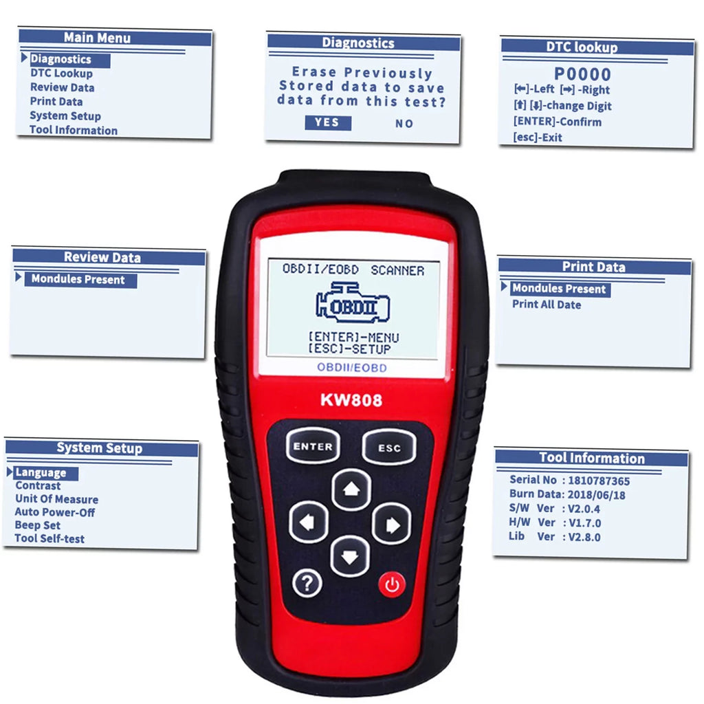 OBDII/EOBD Moobody Car Code Reader and Auto Scanner KW808, Detection Scanner for Automotive
