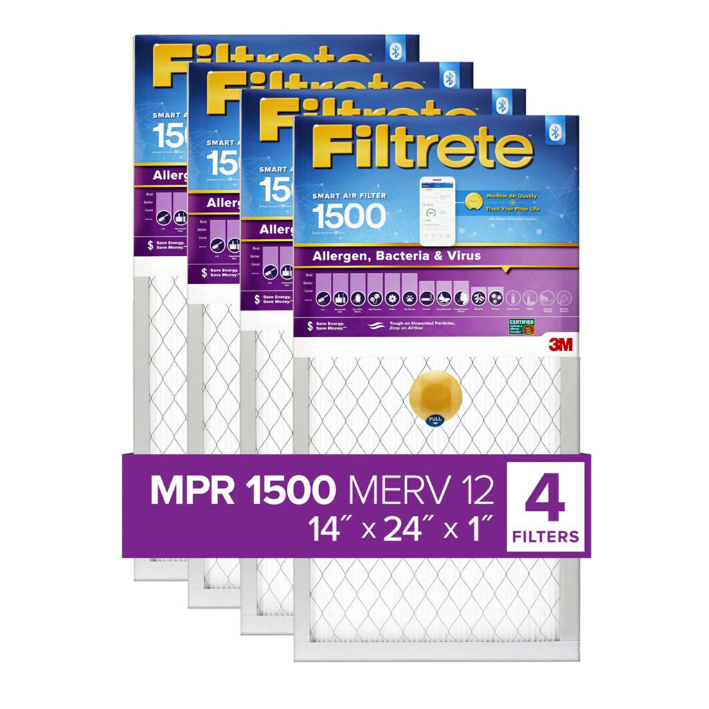 Filtrete by 3M Smart 14x24x1, MERV 12, Allergen, Bacteria & Virus HVAC Air and Furnace Filter, 1500 MPR, 4 Filters