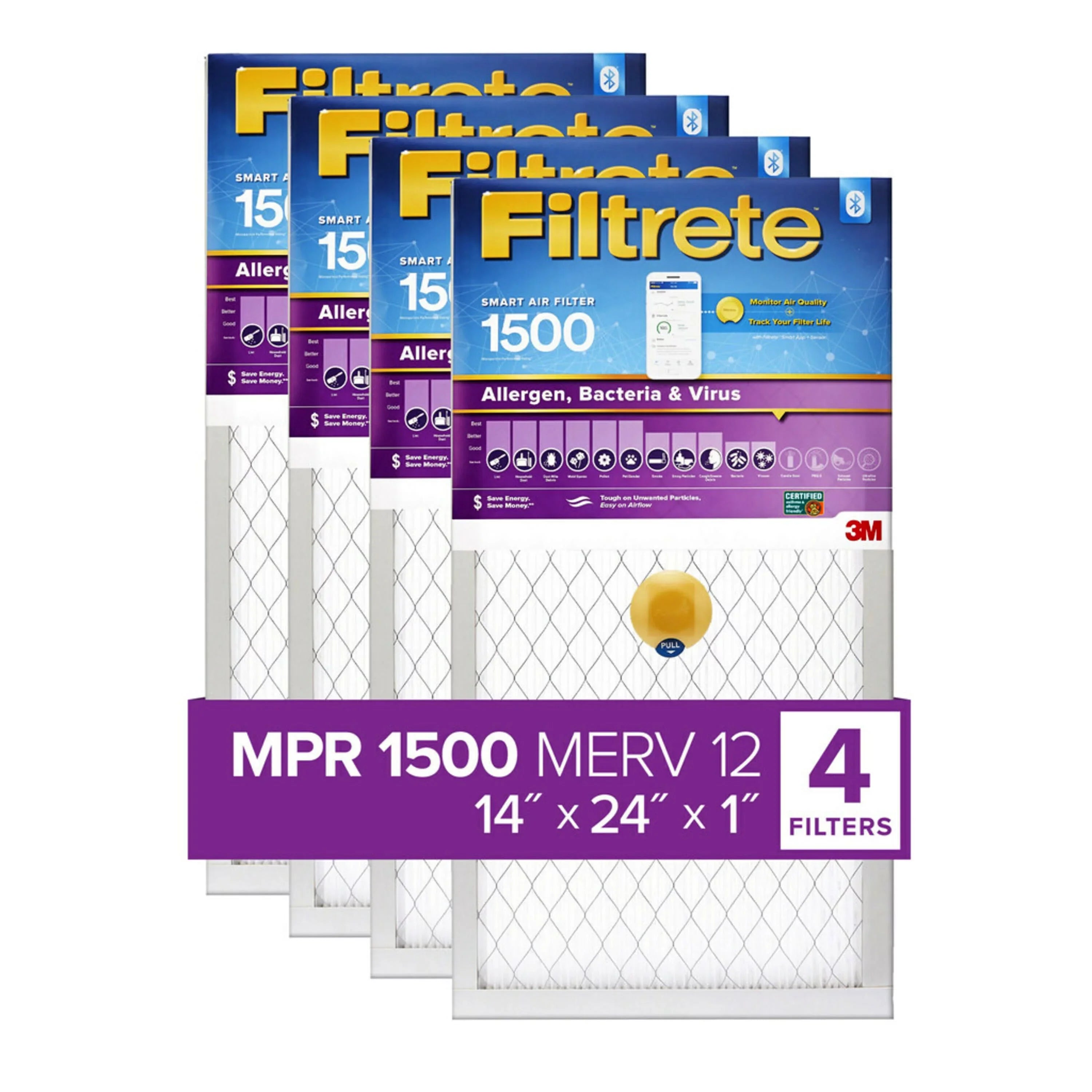 Filtrete by 3M Smart 14x24x1, MERV 12, Allergen, Bacteria & Virus HVAC Air and Furnace Filter, 1500 MPR, 4 Filters