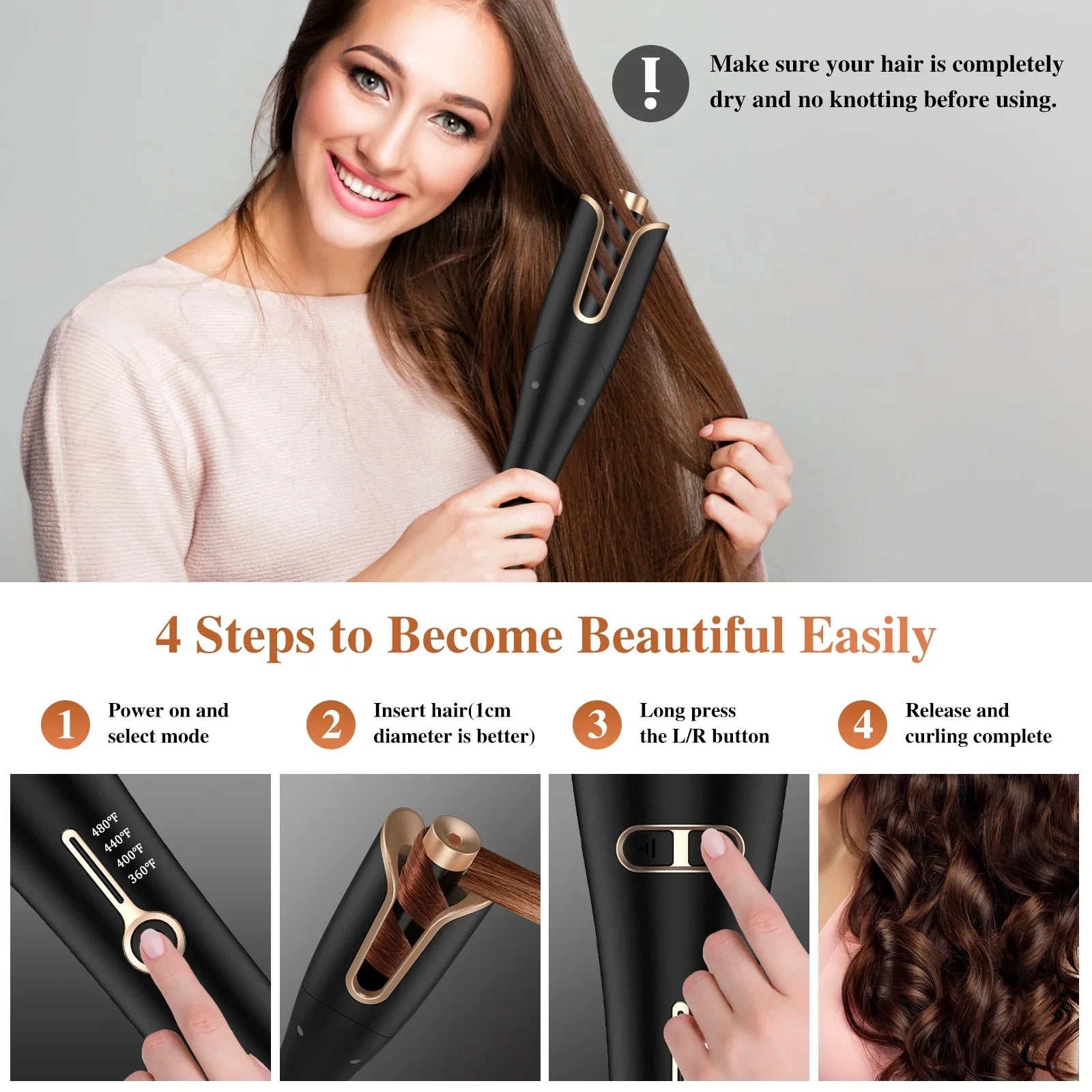 NEXPURE Curling Irons,Curling Iron Professional with 1" Large Rotating Barrel & 4 Temps,Salon Curl Hair,Gold