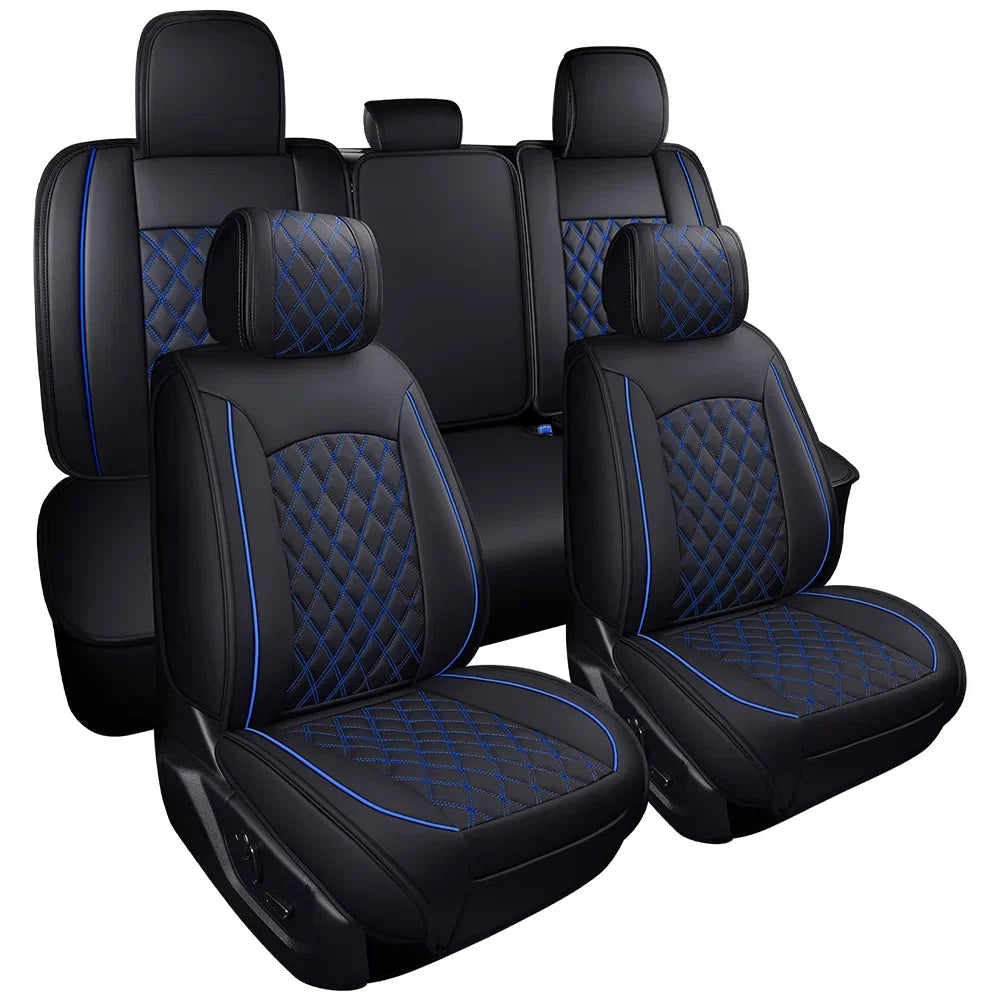 Car Seat Covers Full Set with Waterproof Leather Fit for 2009 to 2023  F150 and 2017 to 2023 F250 F350 F450,Double,Extended Cab or Pickup Truck(Full Set, Black-Blue)