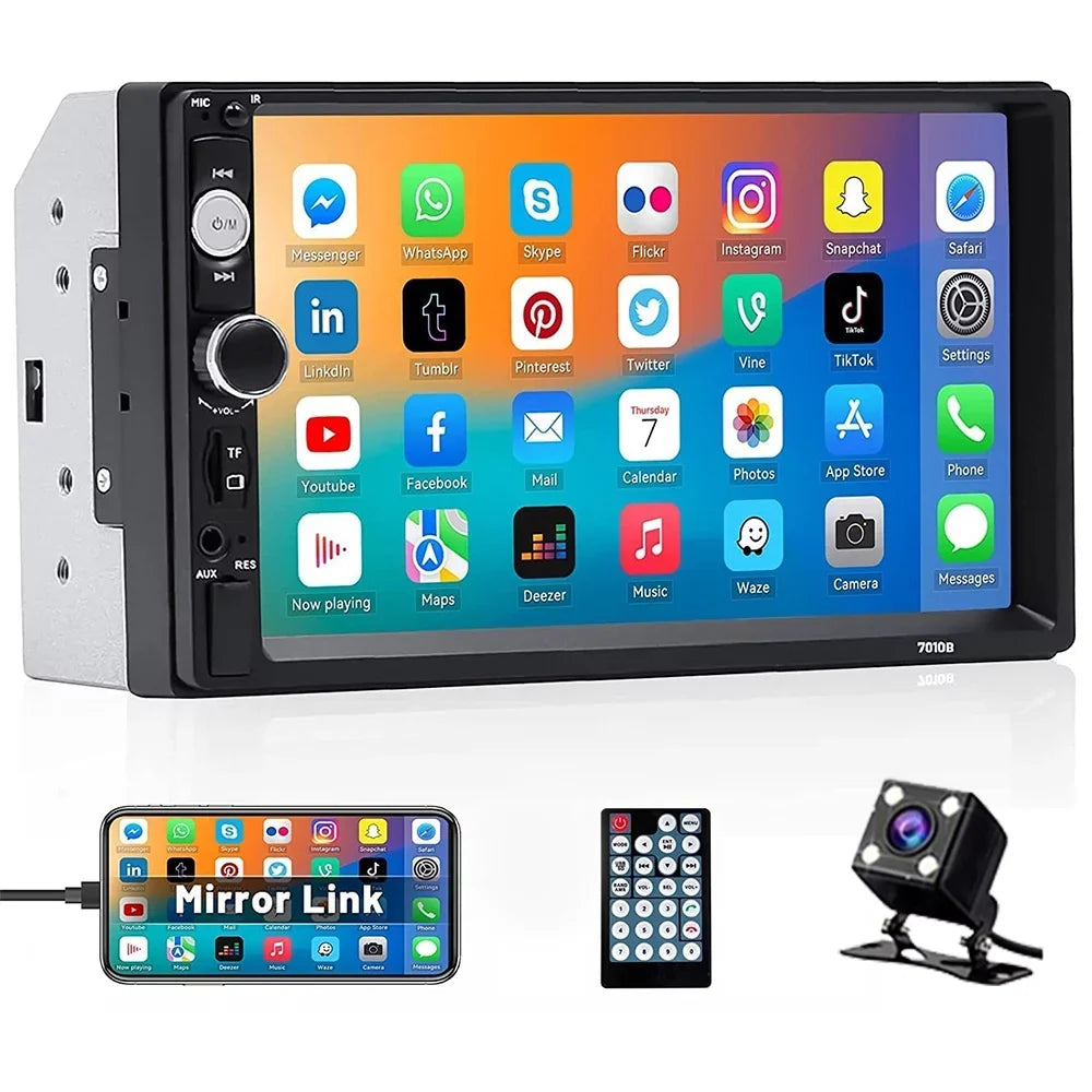 Podofo 7" Double 2 Din Car Stereo Radio HD Touch Screen Car Multimedia Player Digital Display MP5 Autoradio Bluetooth FM AUX USB SD Mirror Link Function, with Backup Camera