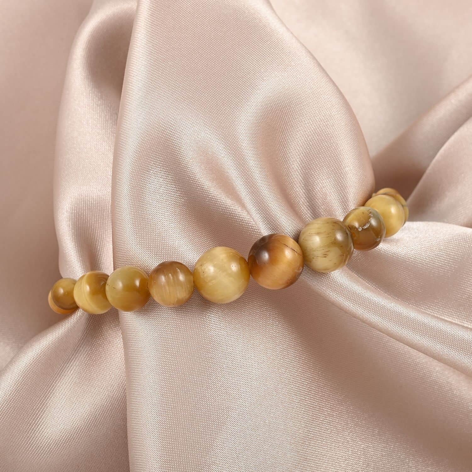 Shop LC Tiger's Eye Round Stainless Steel Rhodium Plated Beaded Bracelet for Women Ct 59.04 Mothers Day Gifts for Mom