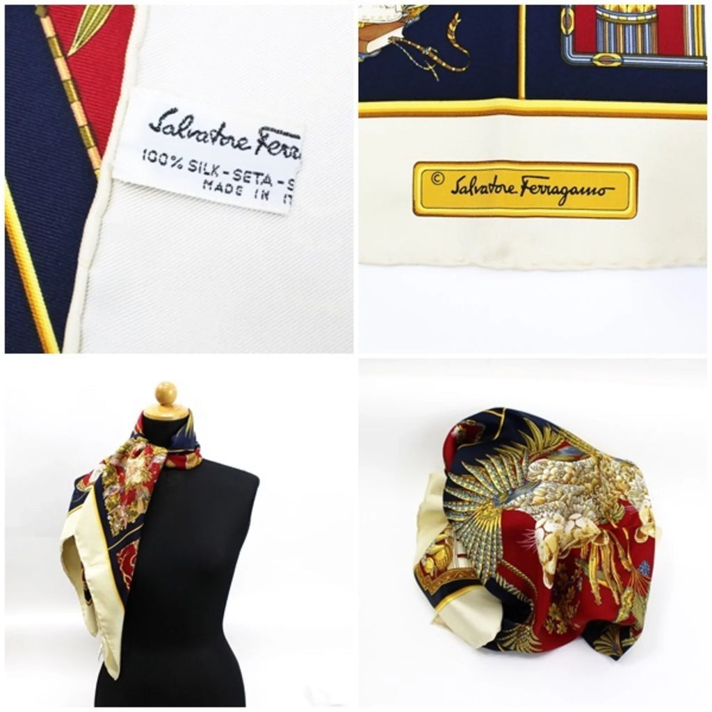 Pre-Owned Salvatore Ferragamo silk scarf muffler ivory × navy animal and plant pattern SALVATORE FERRAGAMO ladies leopard print (Good)