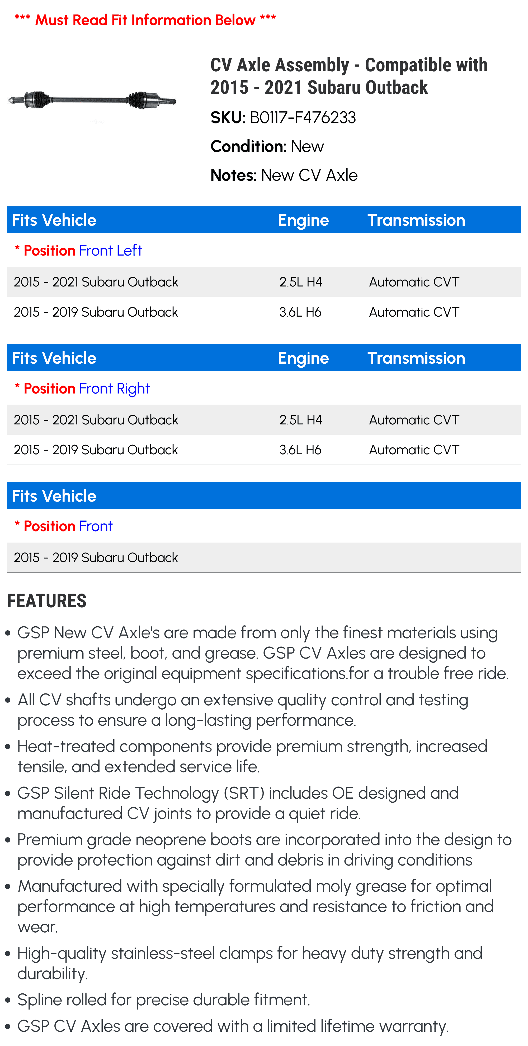 CV Axle Assembly - matching with 2015 - 2021 Subaru Outback 2016 2017 2018 2019