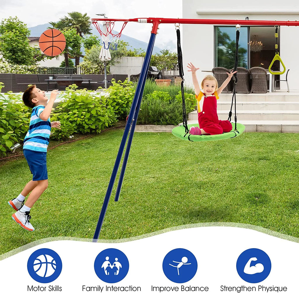 OLAKIDS Swing Sets for Backyard, 7 in 1 Outdoor A-Frame Heavy Duty Metal Swing Stand with Monkey Bar for Kids, 660LBS Playground Playset with Slide, 2 Swings, Glider, Trapeze Rings, Basketball Hoop