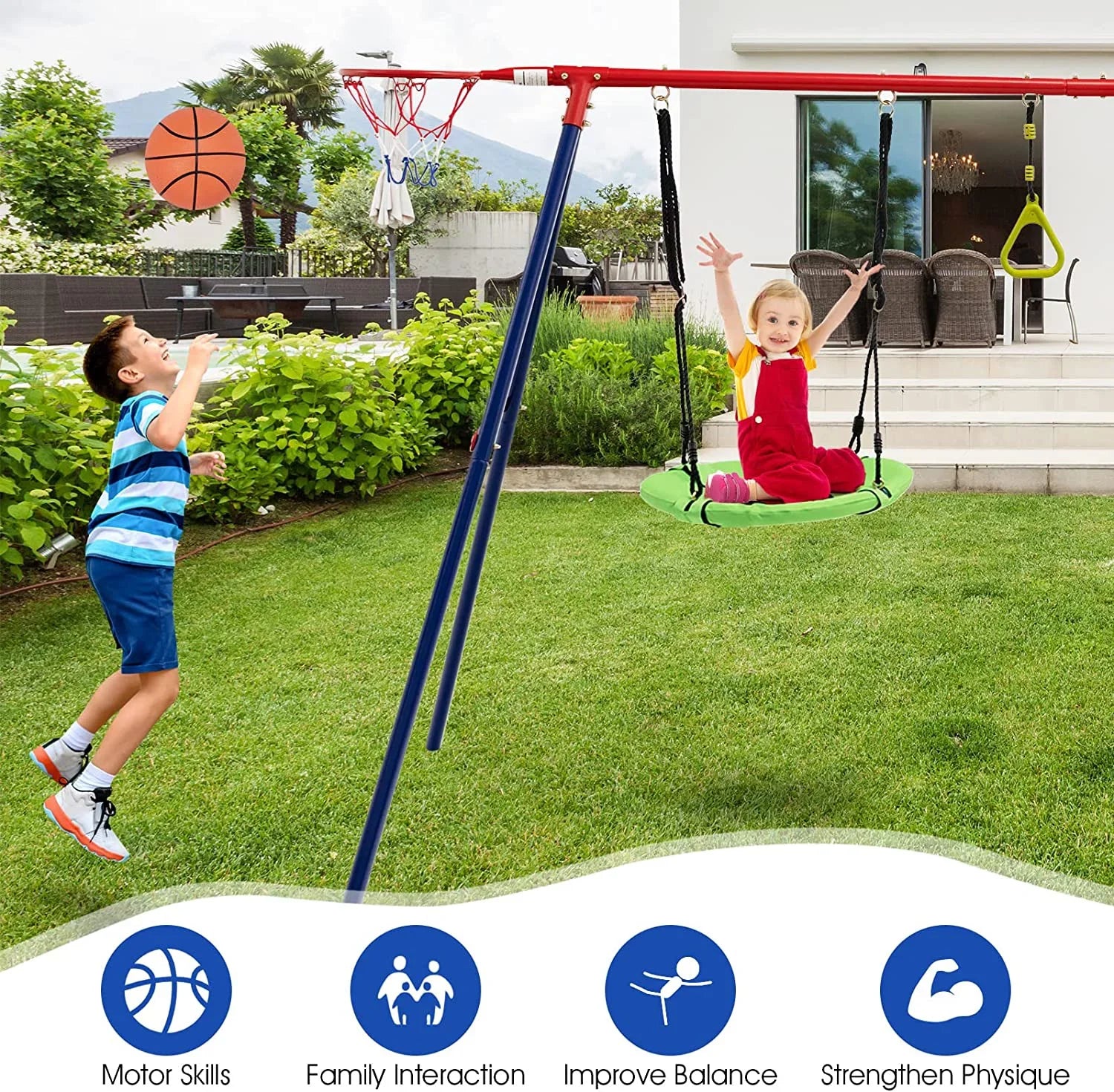 OLAKIDS Swing Sets for Backyard, 7 in 1 Outdoor A-Frame Heavy Duty Metal Swing Stand with Monkey Bar for Kids, 660LBS Playground Playset with Slide, 2 Swings, Glider, Trapeze Rings, Basketball Hoop
