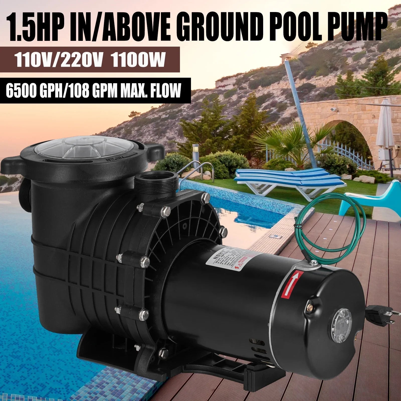 SHZOND 1.5HP Swimming Pool Pump, Dual Voltage 115/230V High Flow Pool Pump, 108 GPM Above Ground Pool Pump wIth Large Strainer Basket, 2Pcs 1-1/2NPT Connectors