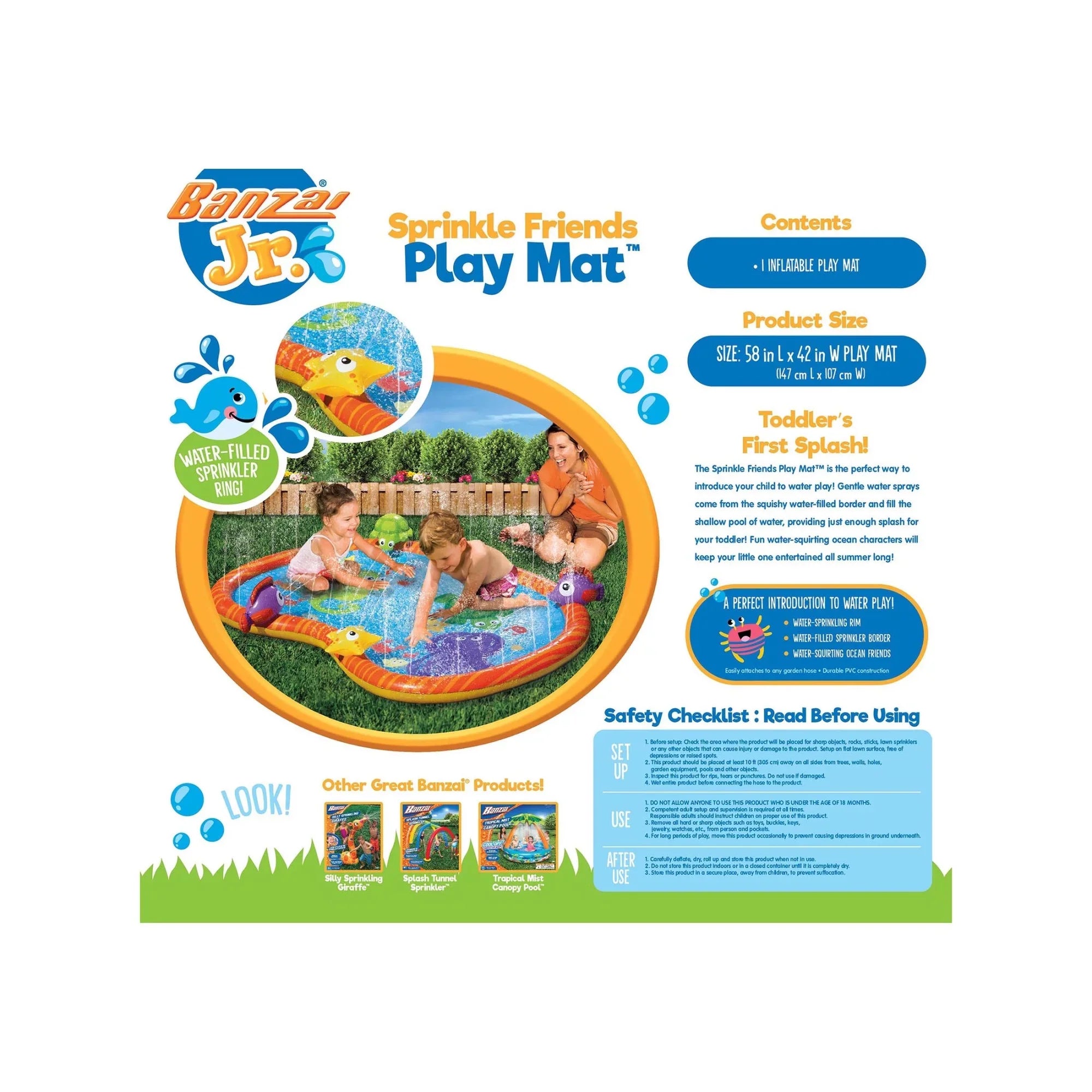 58 Inch Sprinkle Friends Outdoor moisture Play Mat. Banzai Jr