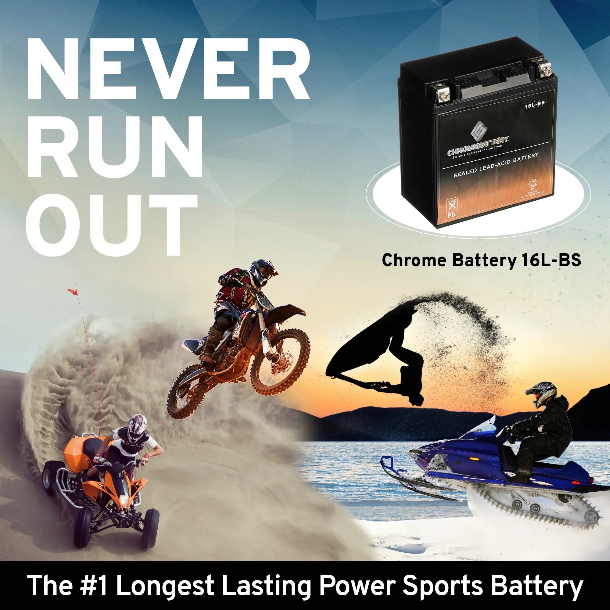 Chrome Battery YTX16L-BS (16L-BS 12 Volt,14 Ah, 230 CCA) Jet Ski Battery for Yamaha Wave Runner 1991