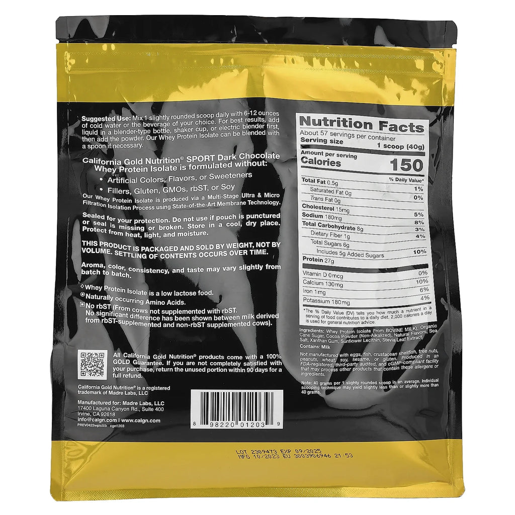 California Gold Nutrition SPORT - Dark Chocolate Whey Protein Isolate, 5 lbs (2.27 kg)