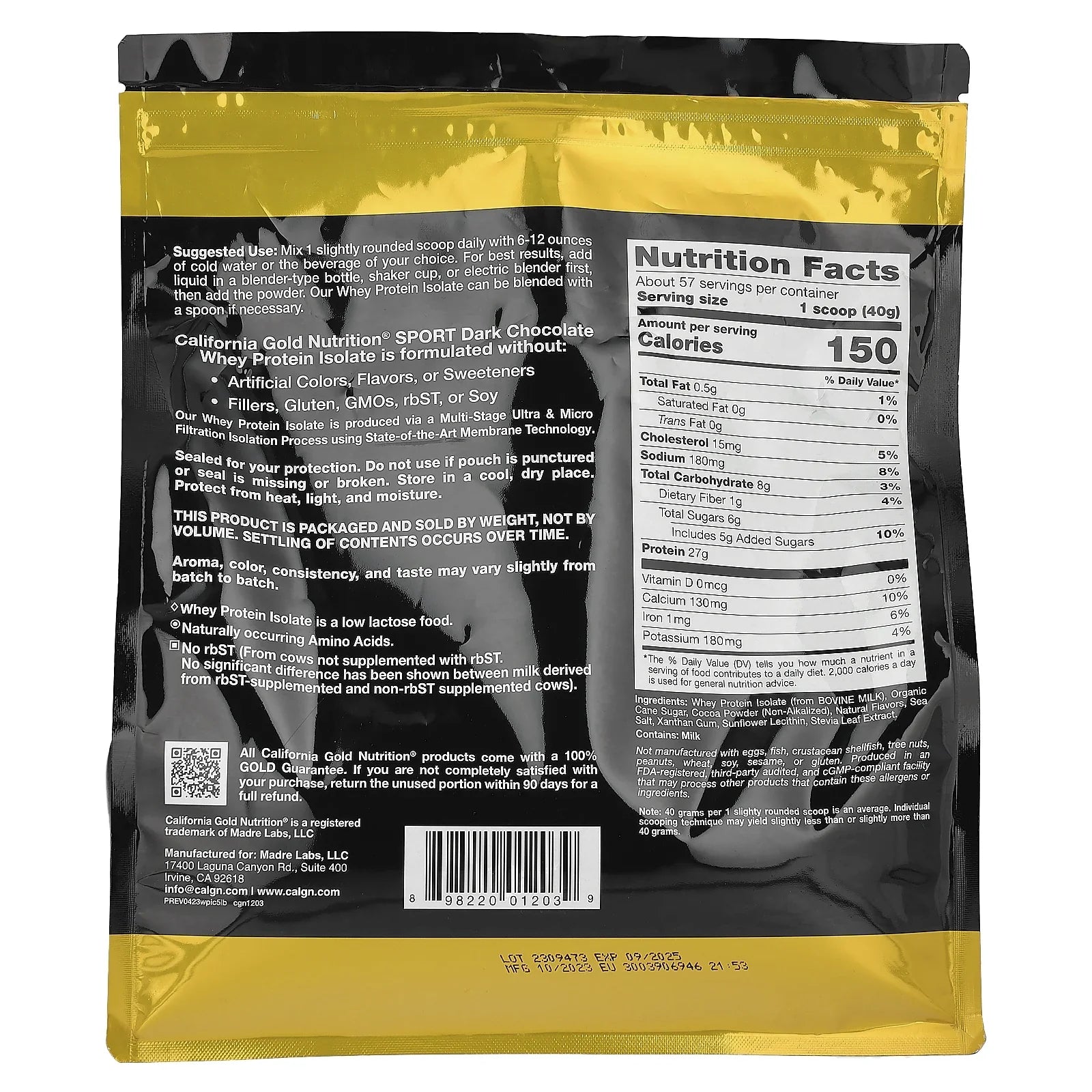 California Gold Nutrition SPORT - Dark Chocolate Whey Protein Isolate, 5 lbs (2.27 kg)