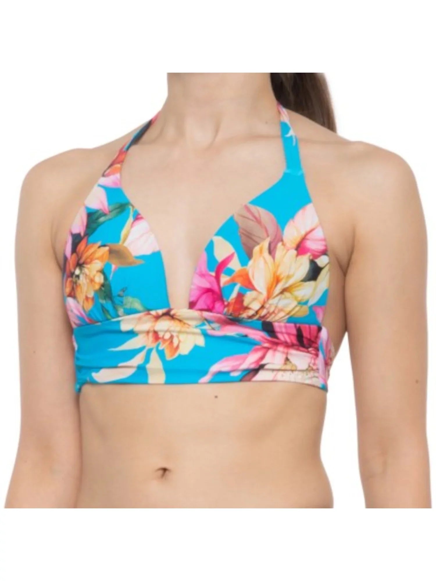 LA BLANCA Women's Blue Tropical Print Shirring Tie Sweetheart Molded Cup Halter Swimsuit Top 12