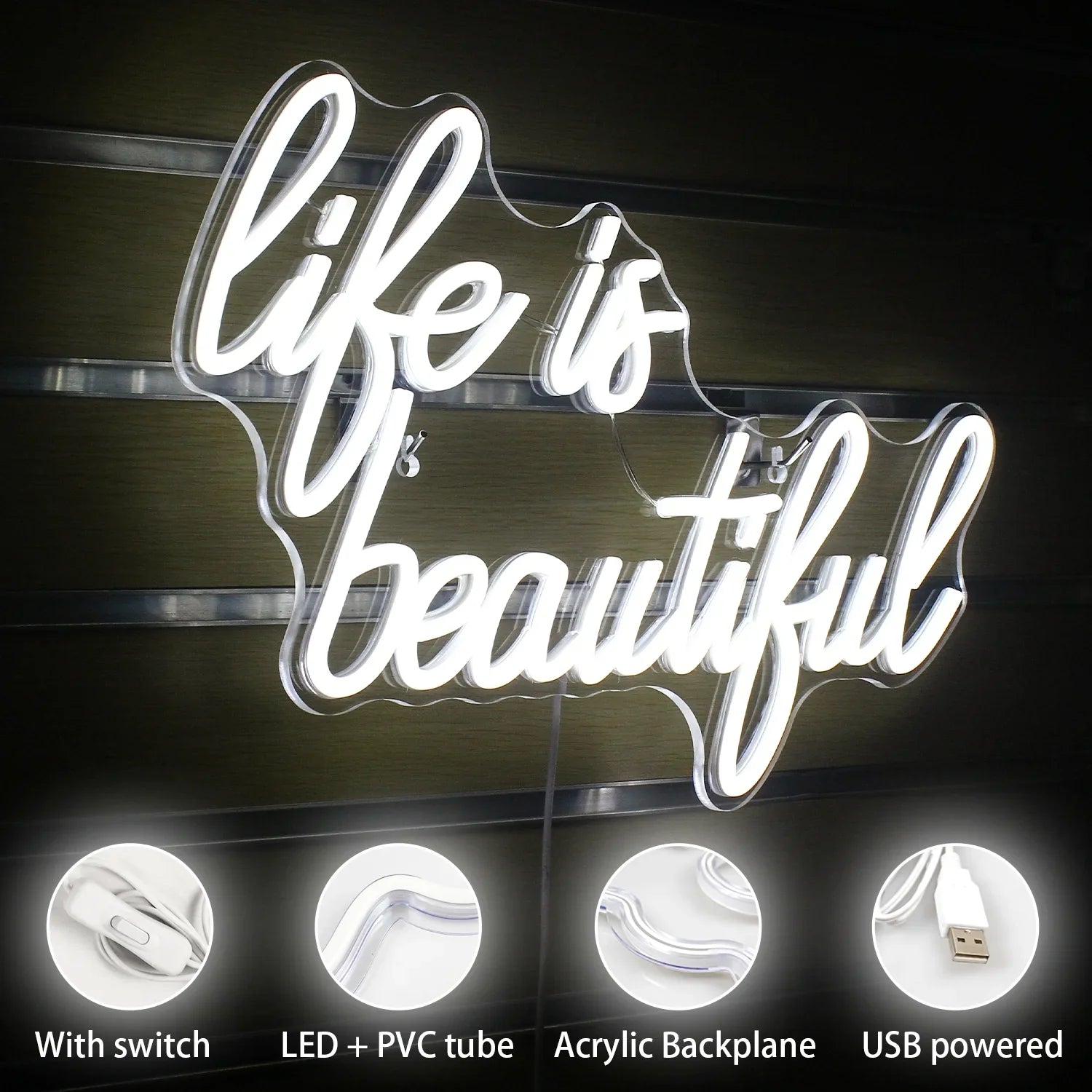 WX&YH Life Is Beautiful LED Neon Light Signs USB Power for Home Bedroom Office Shop Wedding Party Decoration