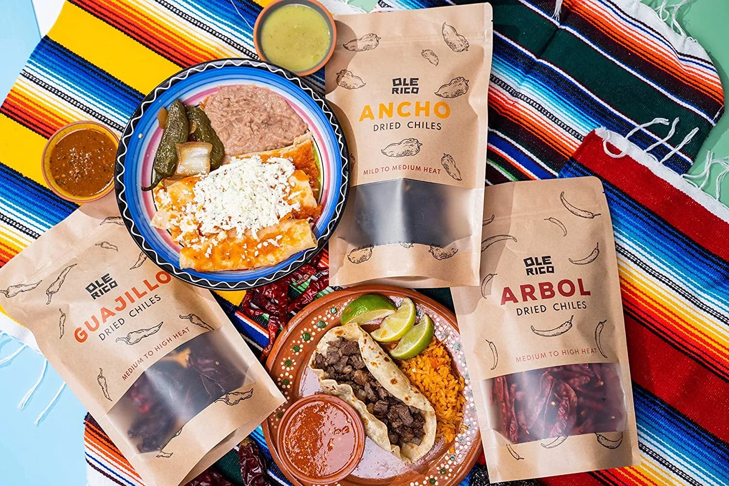 OLÉ RICO - Dried Chile Peppers 3 Pack Bundle (12 oz Total) - Ancho Chiles, Guajillo Chiles and Arbol Chiles - The Spicy Trio - outstanding For Mexican Recipes - Packaged In Resealable Bags