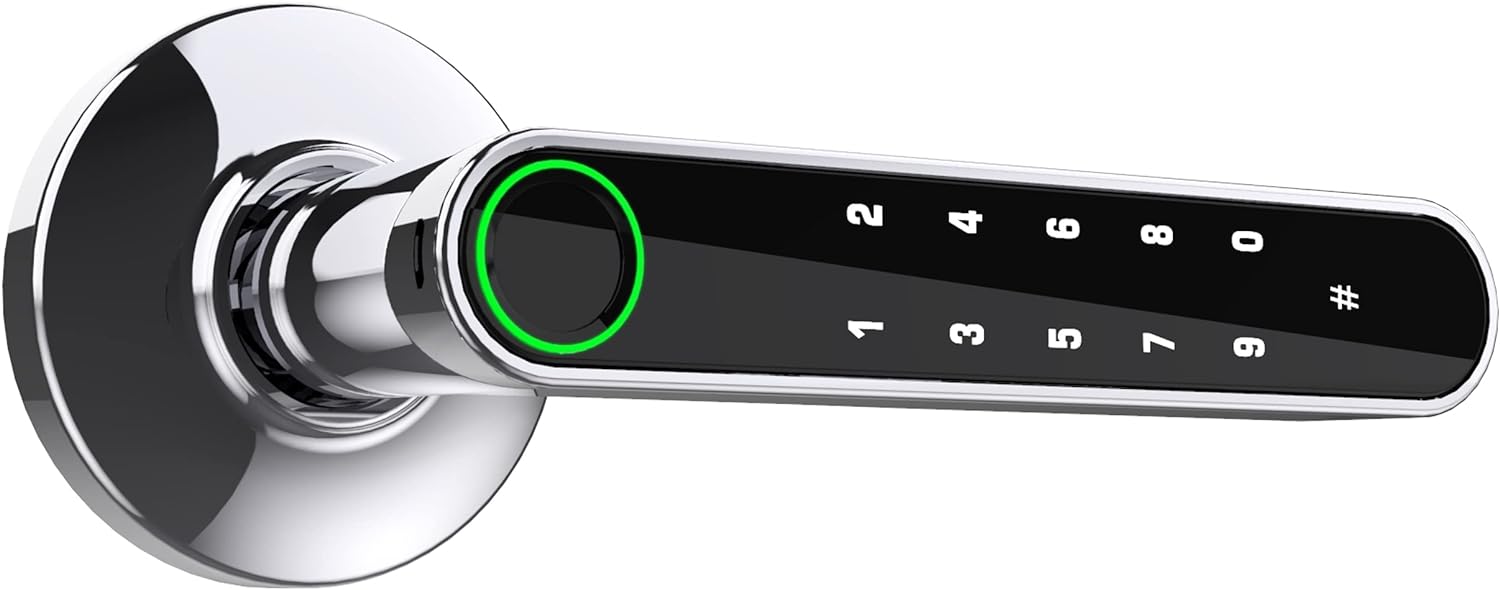 Smart Door Handle by GOURE, Fingerprint Door Lock with Keypads Password, Tuya App and Backup Keys, Easy to Install Ideally Suited for Office, Airbnb, Home [2024 New Upgrade]
