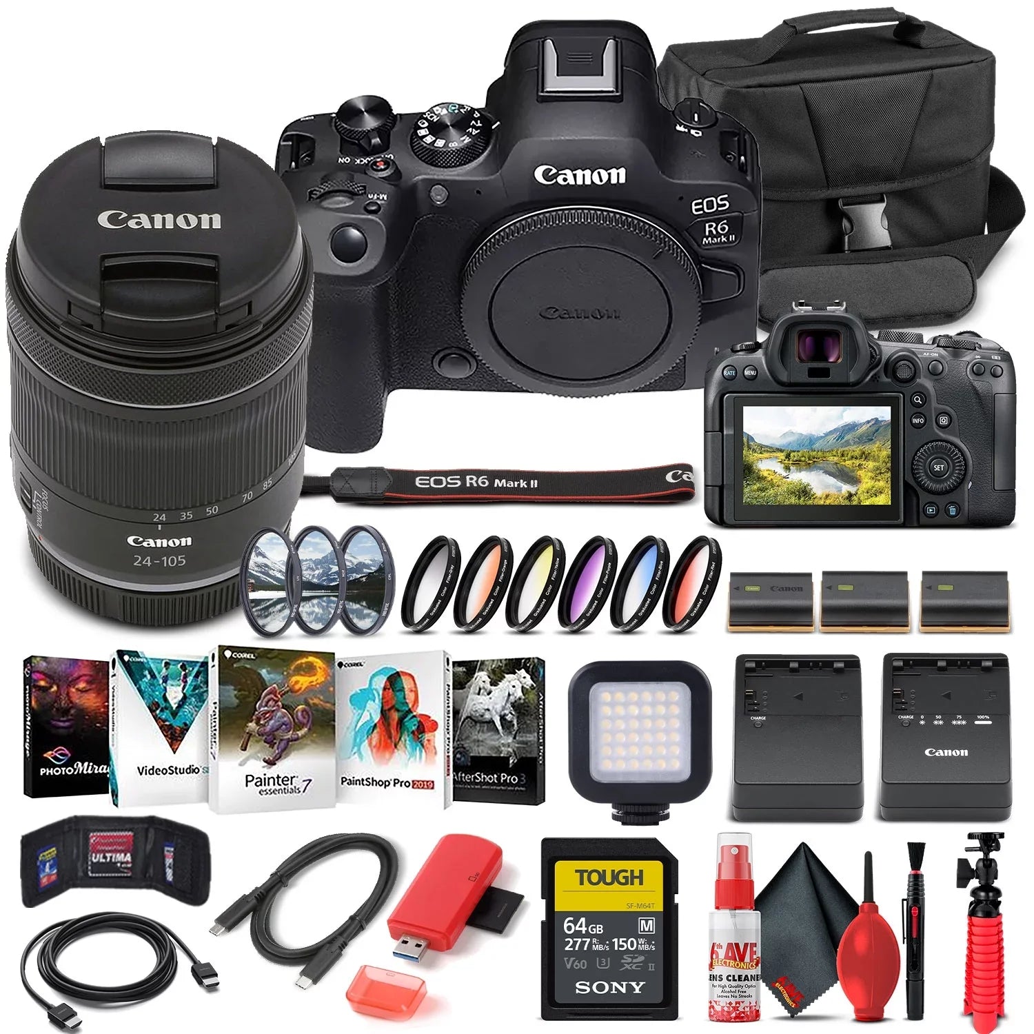 EOS R6 Mark II Mirrorless Camera with 24-105mm f/4-7.1 Lens (5666C018) + 64GB Memory Card + Case + Corel Photo Software + 2 x LPE6 Battery + External Charger + Card Reader + LED Light + More