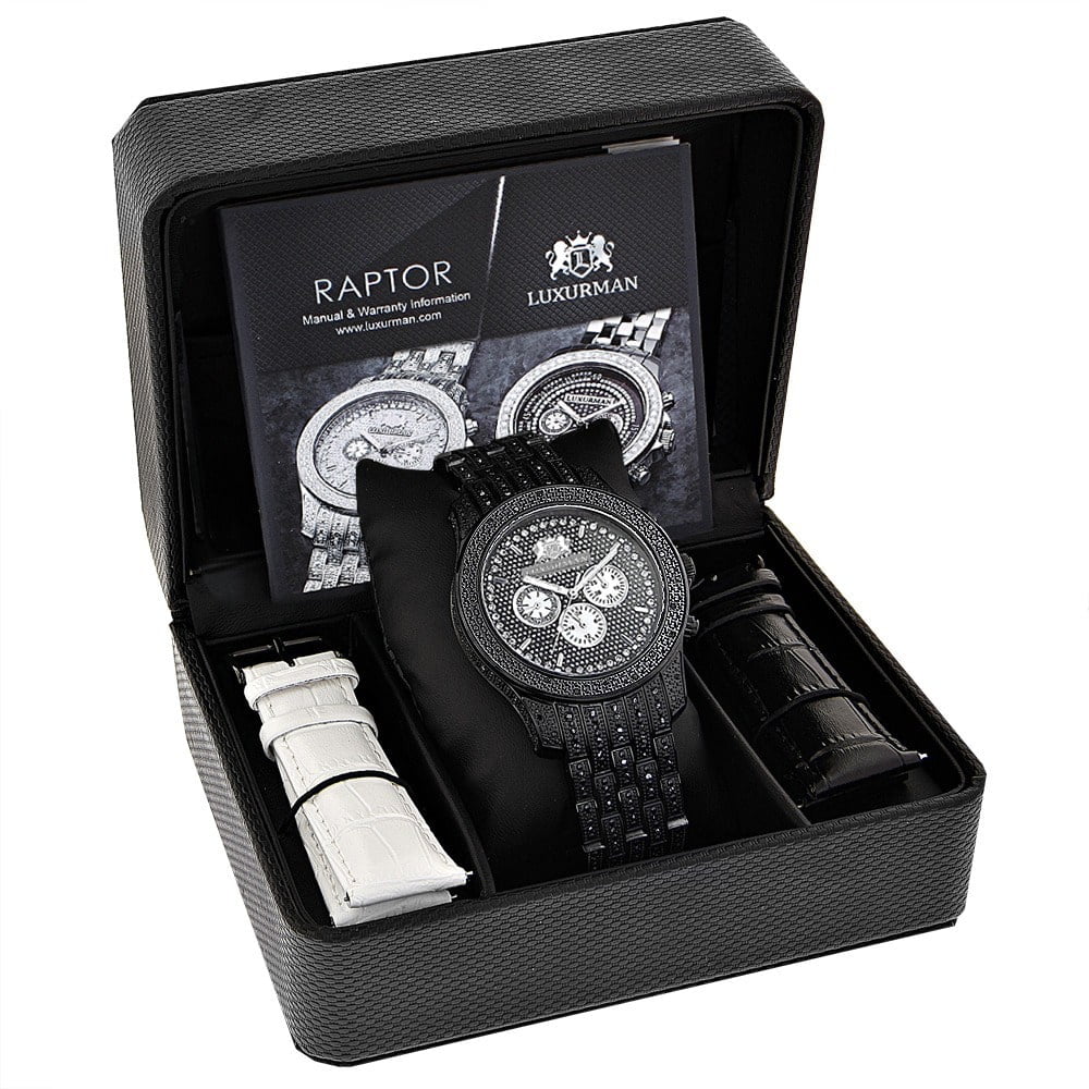 Men's Black Stainless Steel Diamond Accent Quartz Watch Metal Band plus Extra Leather Strap