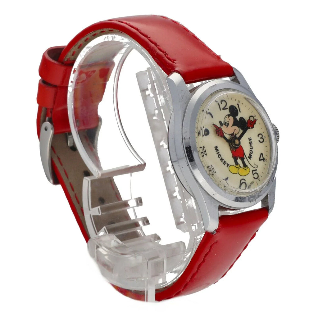 Vintage Mickey Mouse 29mm Base Metal Red Leather Swiss Manual Wind Women's Watch
