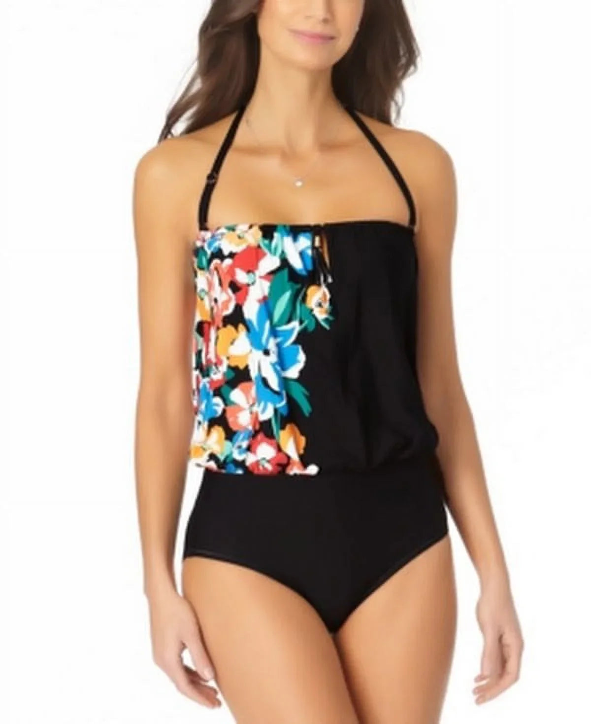 Anne Cole Womens Swimwear Black Blouson One-Piece Floral, Size 8: 8/Black