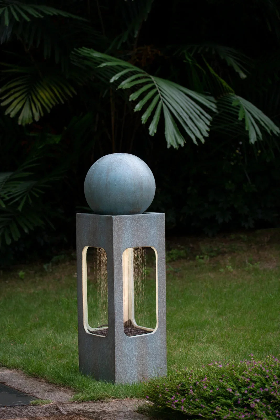 CoSoTower 13X13X44" Tall Contemporary Sphere Outdoor moisture Fountain, Cement/Concrete Outdoor Fountain, Antique Blue Raindrop moisture Feature with Light for Garden, Lawn, Deck & Patio