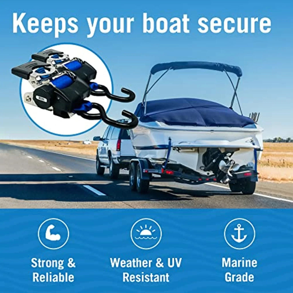 2x43 Blue Stainless Retractable Ratchet Straps - Heavy Duty Set with Mounting Brackets & Bolts - Self-Retracting Buckle for Cargo