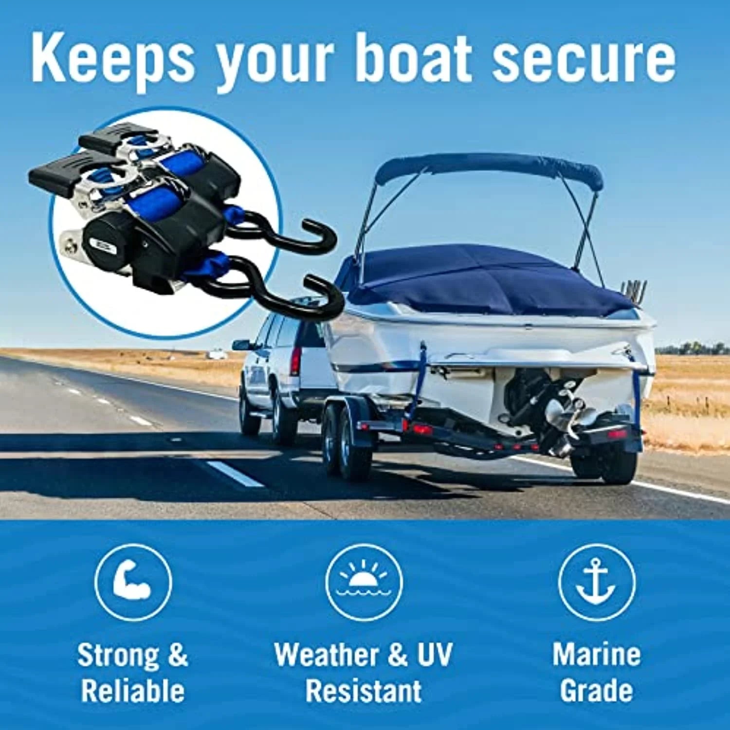 2x43 Blue Stainless Retractable Ratchet Straps - Heavy Duty Set with Mounting Brackets & Bolts - Self-Retracting Buckle for Cargo