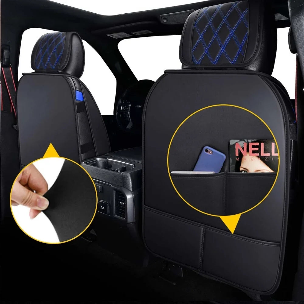 Car Seat Covers Full Set with Waterproof Leather Fit for 2009 to 2023  F150 and 2017 to 2023 F250 F350 F450,Double,Extended Cab or Pickup Truck(Full Set, Black-Blue)